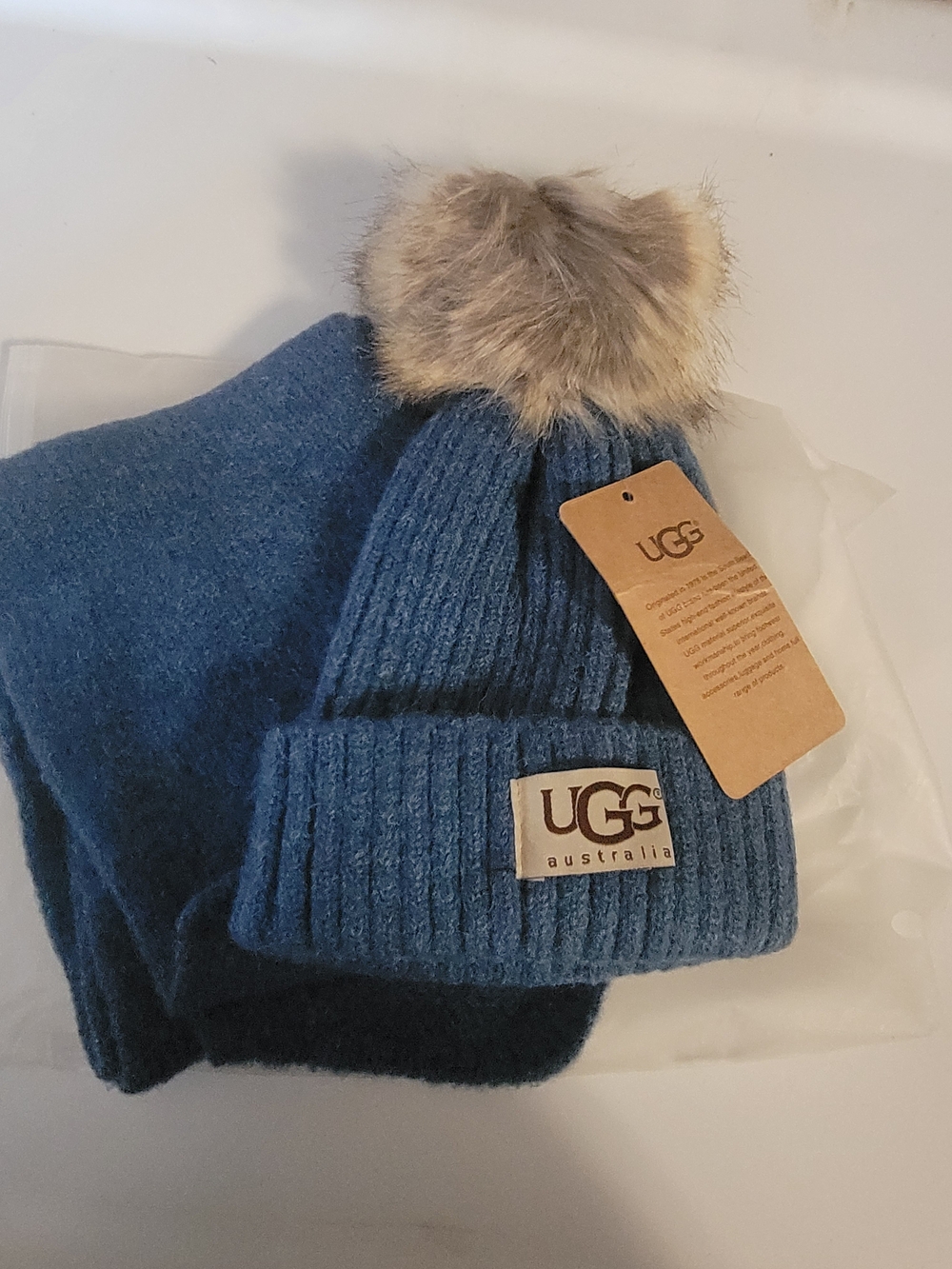 UGG Kids Denim Blue Knit Beanie with Faux-Fur Pom